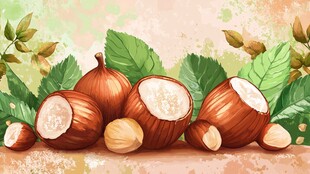 榛果插画 饱满榛果与绿叶