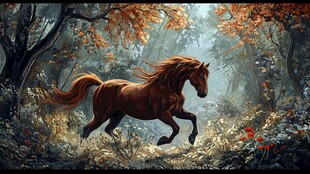 林中奔马 秋日梦幻景象