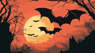黄昏下群蝠飞舞的魔幻场景