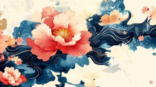 水墨牡丹与灵动波纹图景