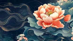 国色牡丹伴灵动水波