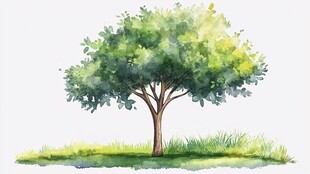 水彩画中的单棵绿意盎然树木