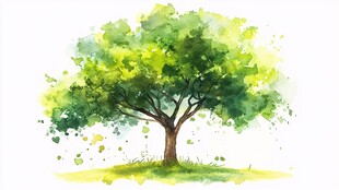 水彩风单棵绿意盎然大树