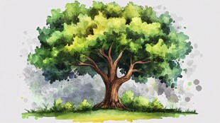 水彩风格茂盛的独棵大树