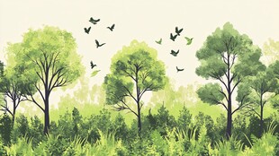 绿意盎然的森林飞鸟图景