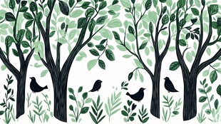 森林中的鸟儿与绿植图景