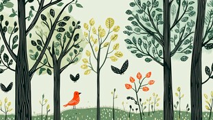 森林中的鸟儿与蝴蝶