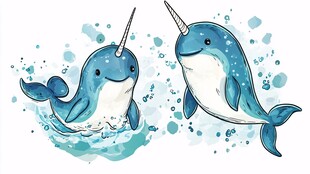 可爱独角鲸在水中嬉戏