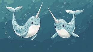 可爱独角鲸在水中嬉戏