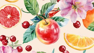 水彩绘缤纷水果花卉图案