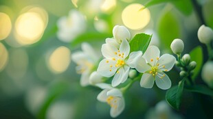 洁白茉莉花绽放于绿意间