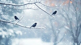 雪天枝头的三只小鸟