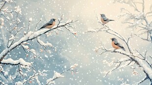 雪枝上的三只灵动小鸟