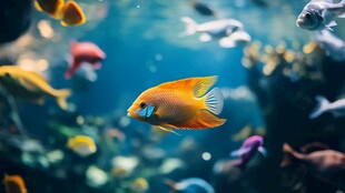 畅游水族馆的多彩热带鱼