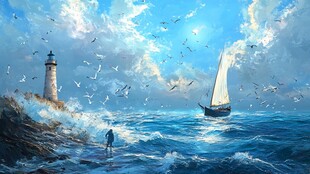 海边灯塔下的帆船与飞鸟
