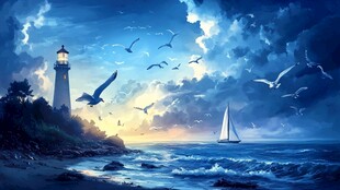 海边灯塔下的浪漫黄昏