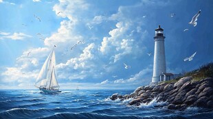 灯塔下的帆船与飞翔海鸥