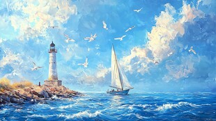 灯塔下的帆船与飞翔海鸥