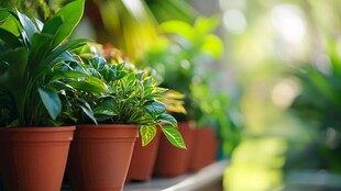 盆栽绿植展示架上的生机