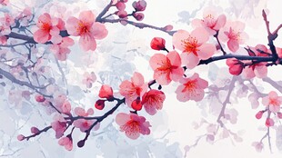 水墨风绽放的娇艳粉色梅花