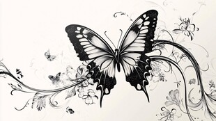 黑白蝴蝶花卉艺术插画