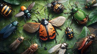 多彩昆虫聚集于绿叶之上