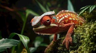 色彩斑斓的变色龙栖于绿植