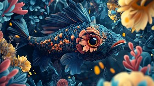 奇幻花卉鱼畅游多彩海底