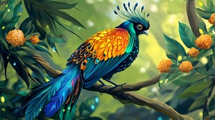 五彩神鸟栖于繁花绿叶间