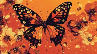橙底蝴蝶花卉梦幻插画