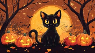 黑猫南瓜旁的万圣夜景象