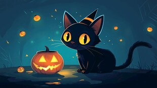黑猫守南瓜 万圣节氛围浓