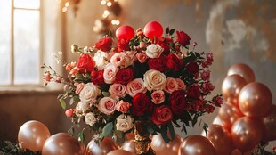 浪漫鲜花与气球装饰场景