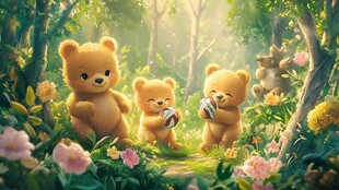 森林中萌态可掬的小熊一家