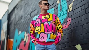 潮流男士身着涂鸦风多彩卫衣