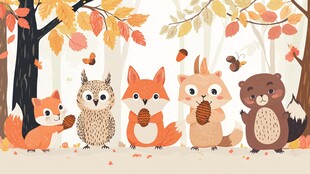 秋日森林里的可爱小动物们