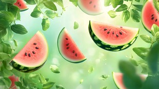 夏日西瓜与绿叶清新画面