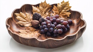 木盘盛葡萄秋叶等果实