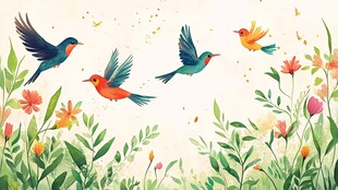 飞鸟翔于烂漫花丛间