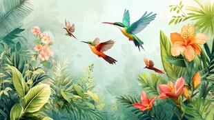 蜂鸟在繁茂花丛中飞舞