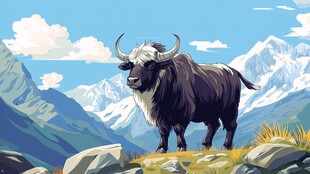 高山牦牛屹立壮丽山景间