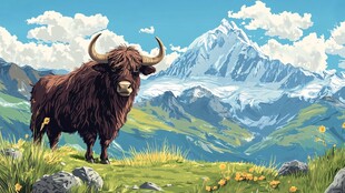 高山牦牛立于壮美山川间
