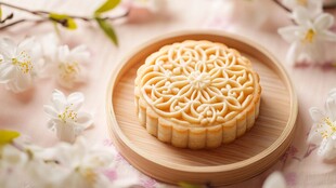 精致月饼置于繁花之间