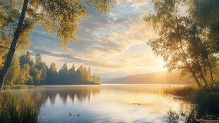 湖畔晨光 静谧自然美景