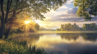 湖畔晨光 静谧自然美景