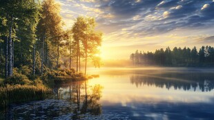 湖畔日出森林美景如画