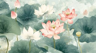 水墨风荷花绽放图