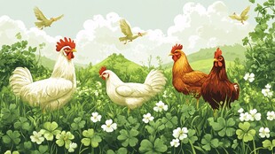 田园中漫步的多彩鸡群