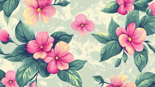 粉色花卉绿叶无缝图案