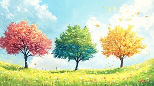 三棵彩树装点的梦幻草地